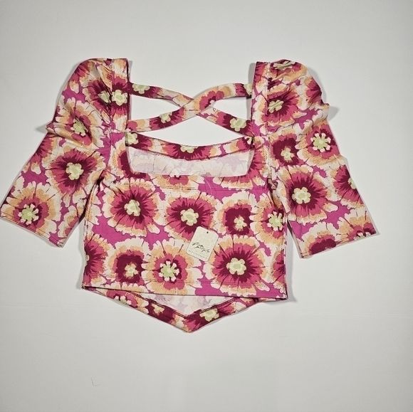 Free People Give Me More Pink Multi Floral Half Sleeve Crop Top Pop Combo Medium - Picture 9 of 14